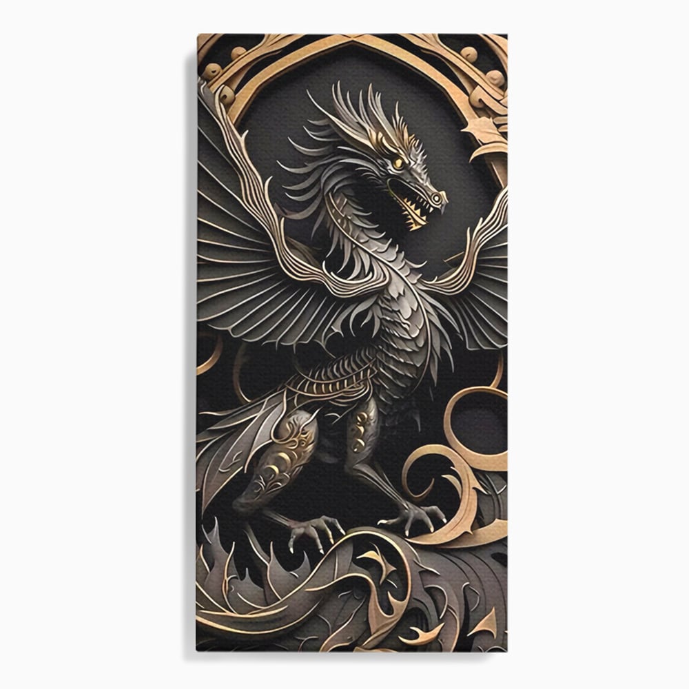 Tablou canvas cu ilustratie digitala cu dragon mitic, fara rama, pe sasiu de lemn