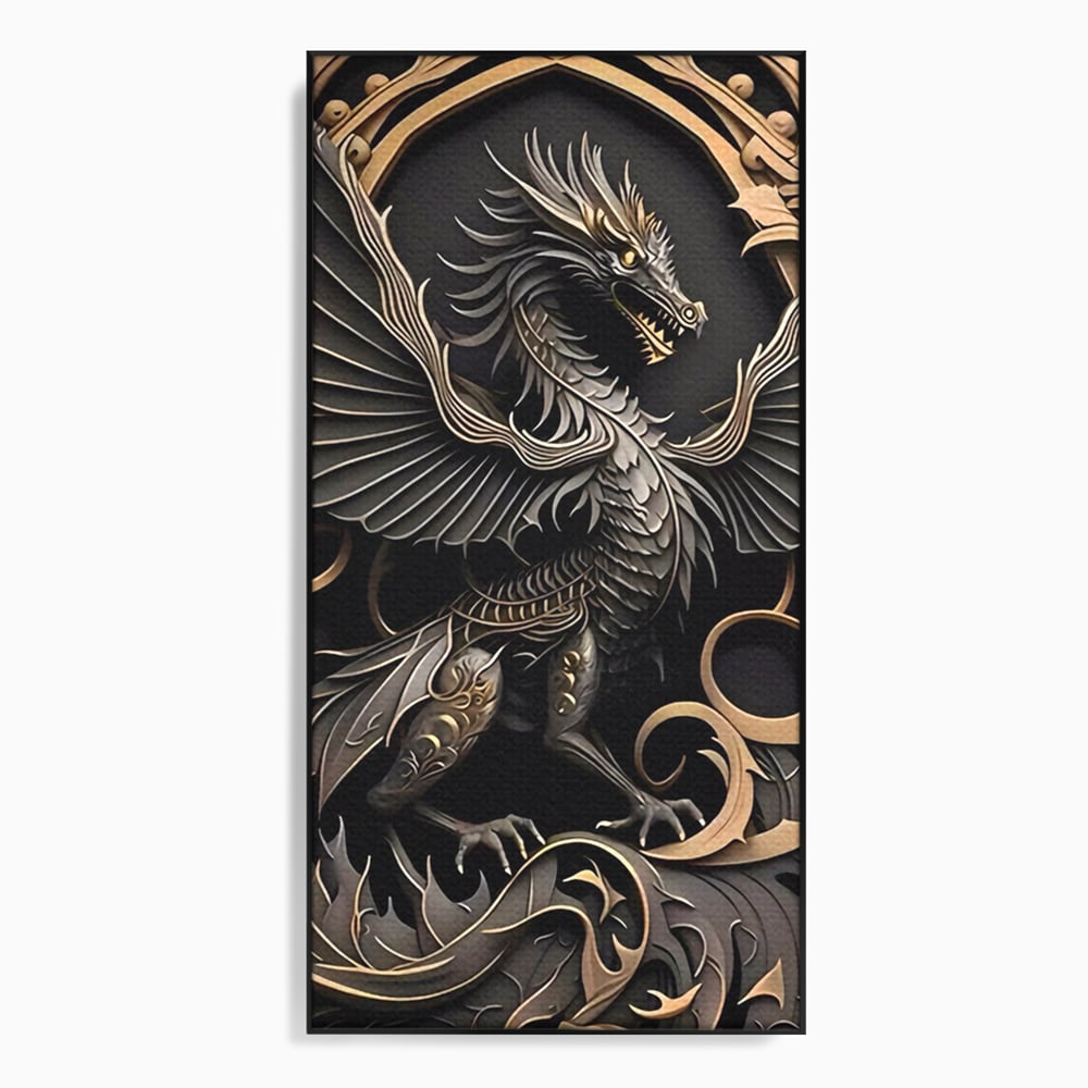 Tablou canvas cu ilustratie digitala cu dragon mitic, in rama de aluminiu negru