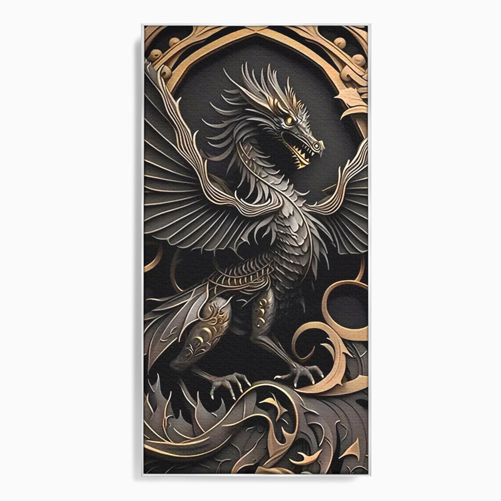 Tablou canvas cu ilustratie digitala cu dragon mitic, in rama de aluminiu argintiu