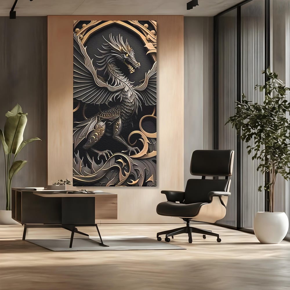 Tablou canvas cu ilustratie digitala cu dragon mitic, fara rama, pe sasiu de lemn, pe perete intr-un birou