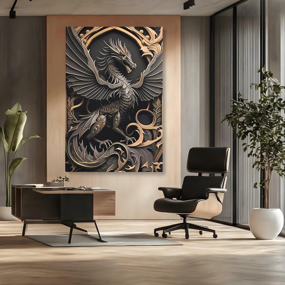 Tablou canvas cu ilustratie digitala cu dragon mitic, fara rama, pe sasiu de lemn, pe perete intr-un birou