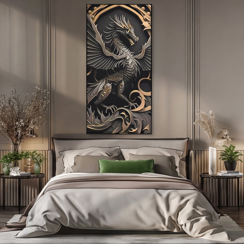 Tablou canvas cu ilustratie digitala cu dragon mitic, in rama de aluminiu negru, pe perete intr-un dormitor