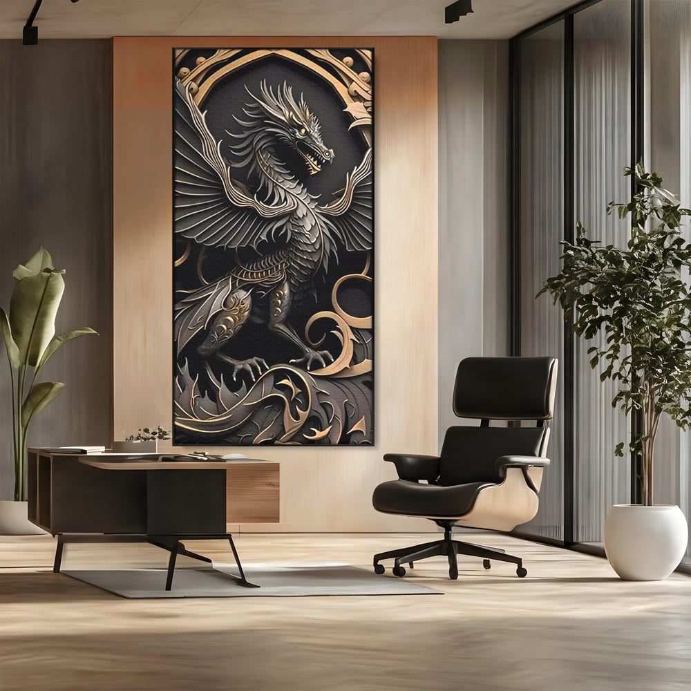 Tablou canvas cu ilustratie digitala cu dragon mitic, in rama de aluminiu negru, pe perete intr-un birou
