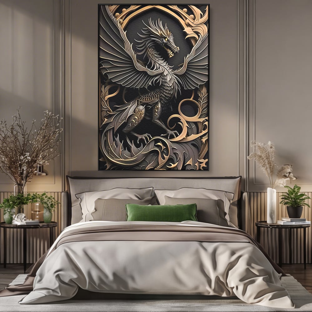 Tablou canvas cu ilustratie digitala cu dragon mitic, in rama de aluminiu negru, pe perete intr-un dormitor