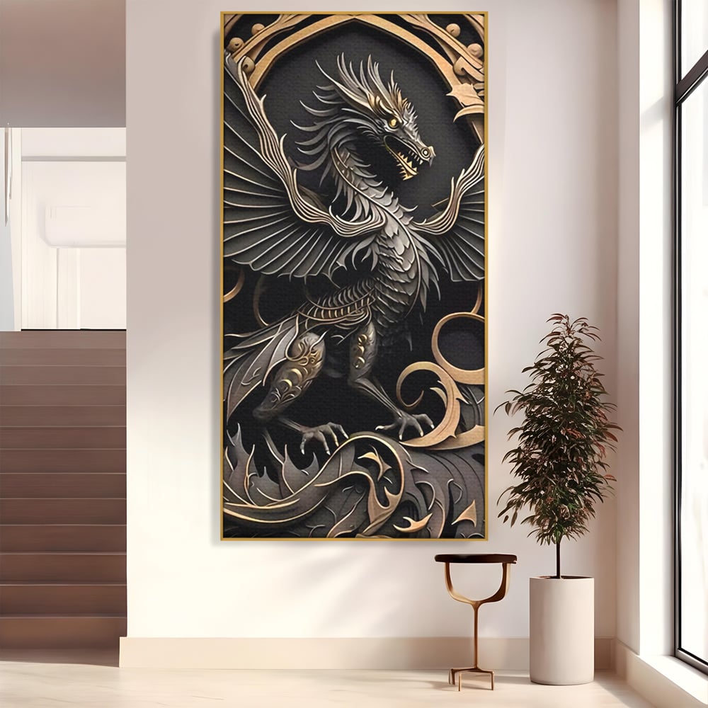 Tablou canvas cu ilustratie digitala cu dragon mitic, in rama de aluminiu auriu