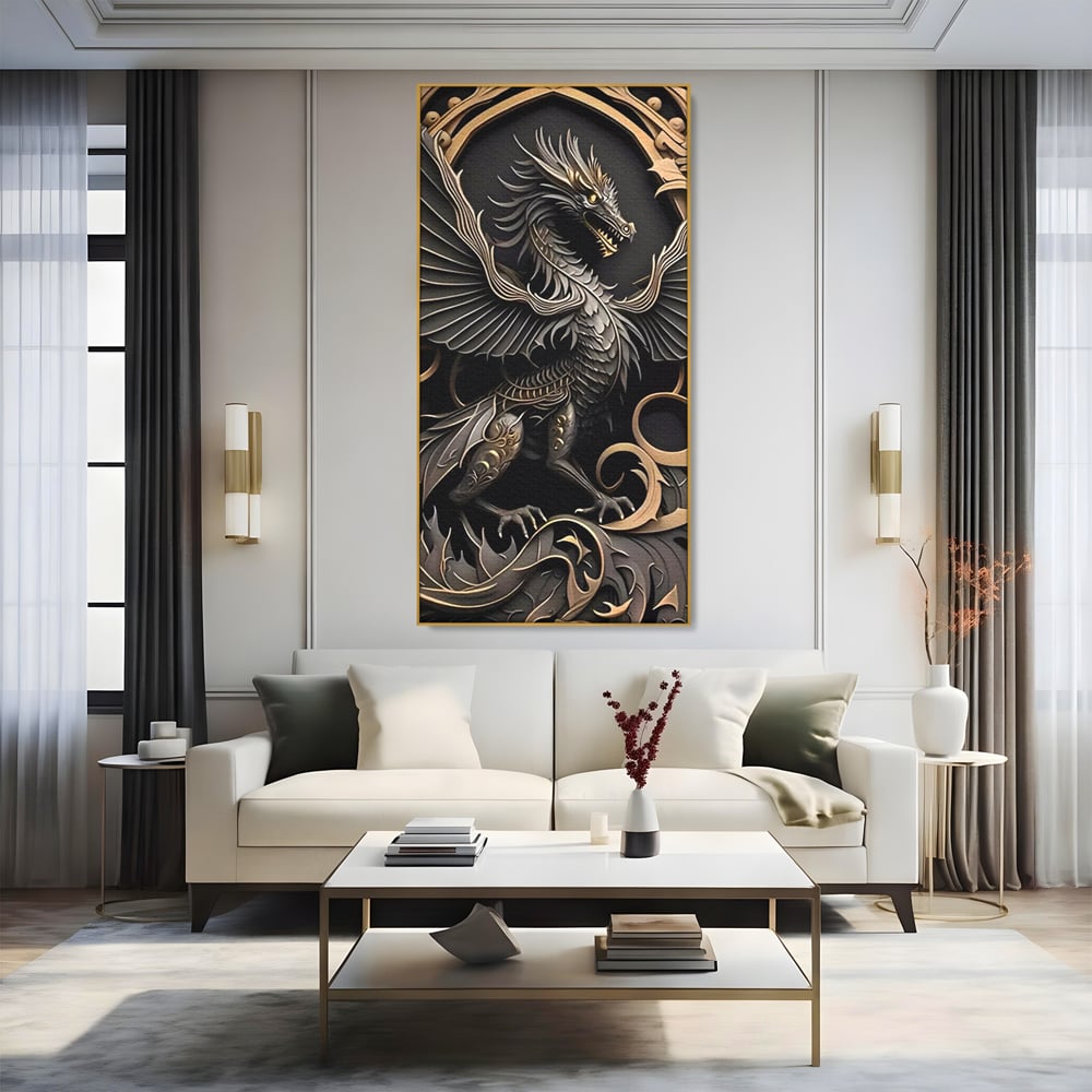 Tablou canvas cu ilustratie digitala cu dragon mitic, in rama de aluminiu auriu, pe perete intr-un living