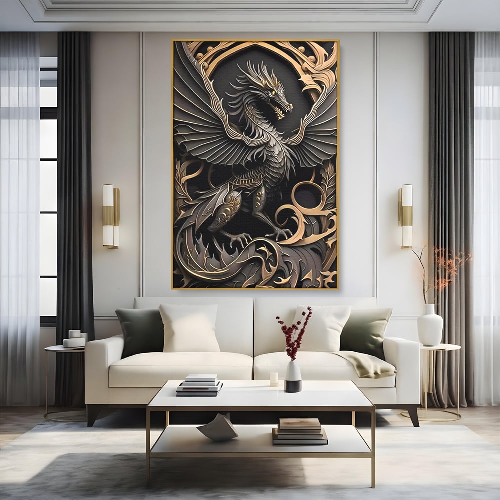 Tablou canvas cu ilustratie digitala cu dragon mitic, in rama de aluminiu auriu, pe perete intr-un living