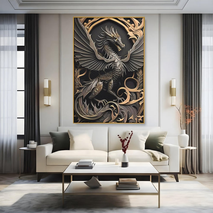 Tablou canvas cu ilustratie digitala cu dragon mitic, in rama de aluminiu auriu, pe perete intr-un living