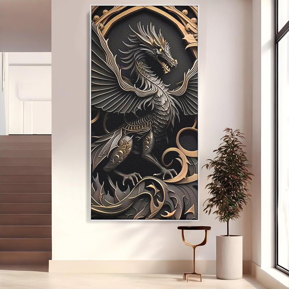 Tablou canvas cu ilustratie digitala cu dragon mitic, in rama de aluminiu argintiu