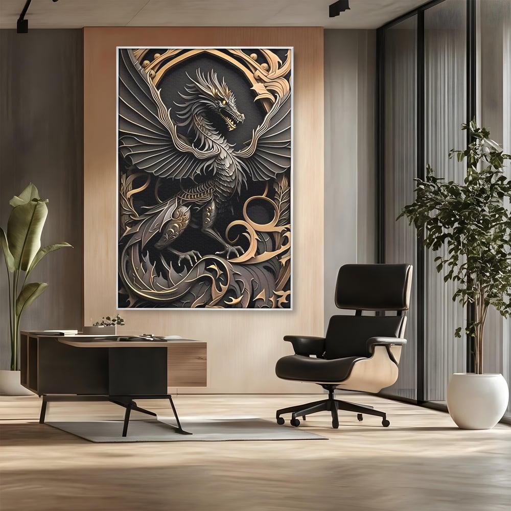Tablou canvas cu ilustratie digitala cu dragon mitic, in rama de aluminiu argintiu, pe perete intr-un birou