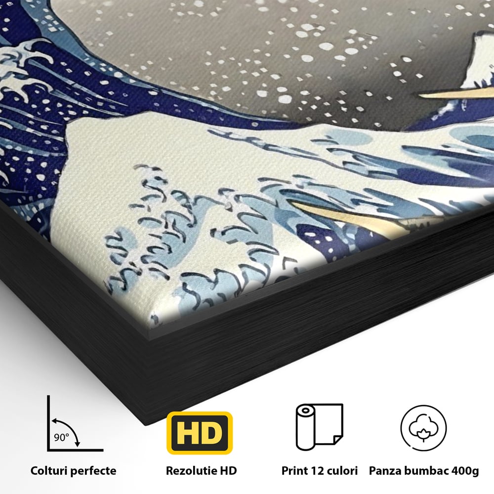 Detaliu al suprafetei: tablou canvas cu valul urias, in rama de aluminiu negru