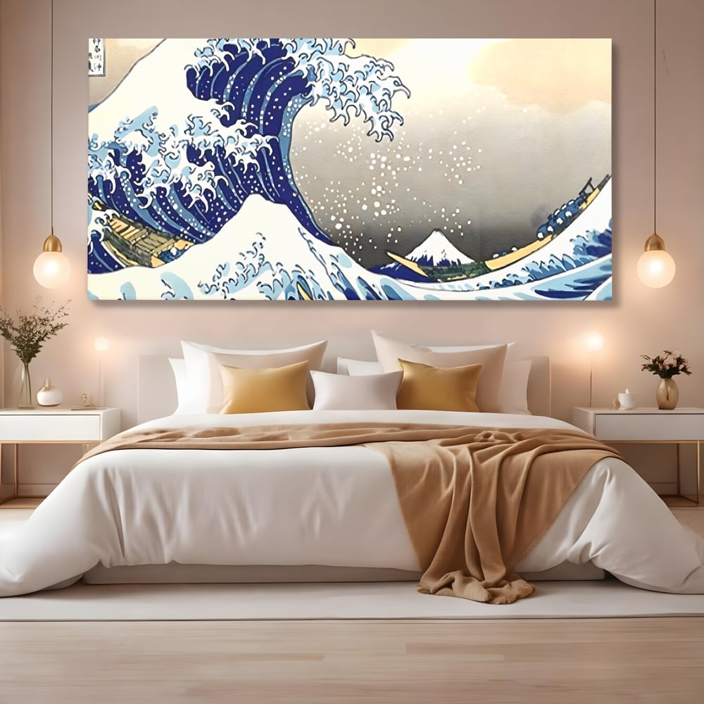 Tablou canvas cu tablou canvas cu valul urias, fara rama, pe sasiu de lemn, pe perete intr-un dormitor