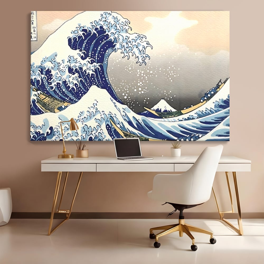 Tablou canvas cu tablou canvas cu valul urias, fara rama, pe sasiu de lemn, pe perete intr-un birou