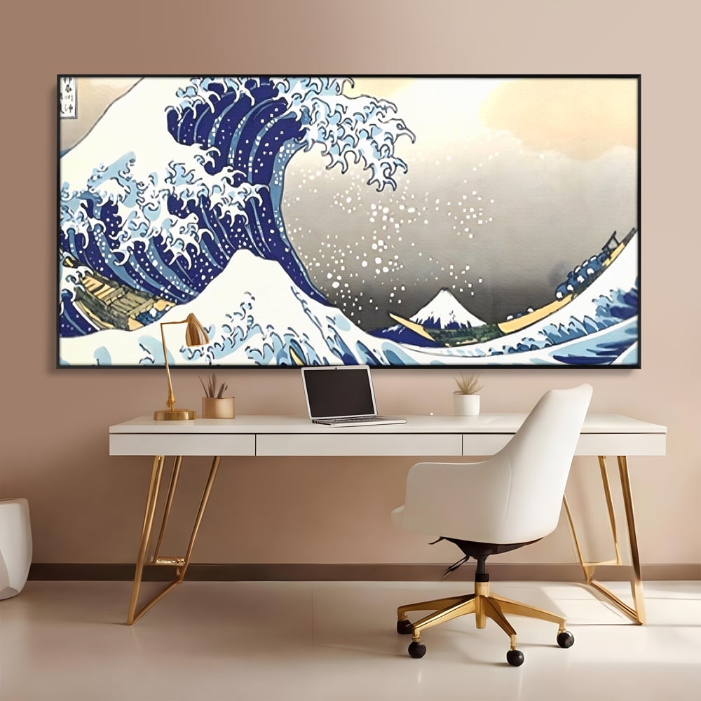 Tablou canvas cu tablou canvas cu valul urias, in rama de aluminiu negru, pe perete intr-un birou