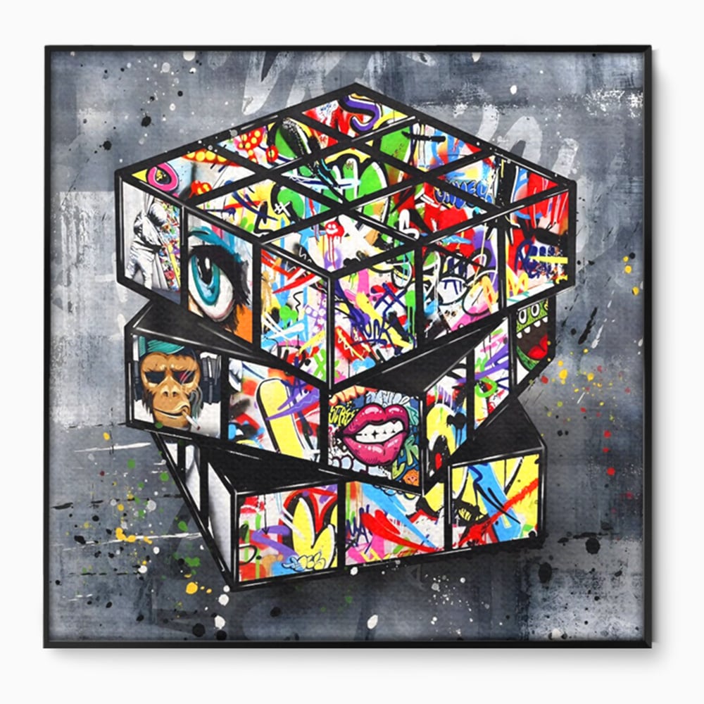 Tablou canvas cu tablou canvas cu cub rubik graffiti, in rama de aluminiu negru