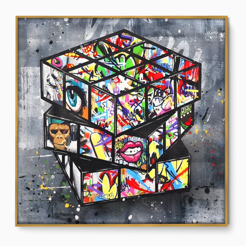Tablou canvas cu tablou canvas cu cub rubik graffiti, in rama de aluminiu auriu