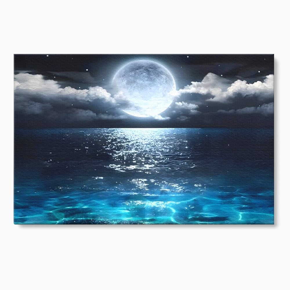 Tablou canvas cu tablou canvas cu luna plina deasupra marii, fara rama, pe sasiu de lemn