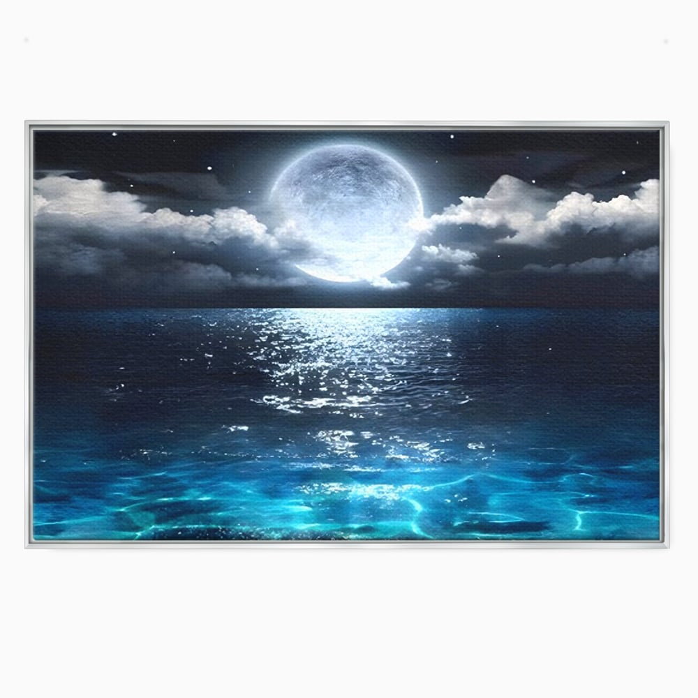 Tablou canvas cu tablou canvas cu luna plina deasupra marii, in rama de aluminiu argintiu