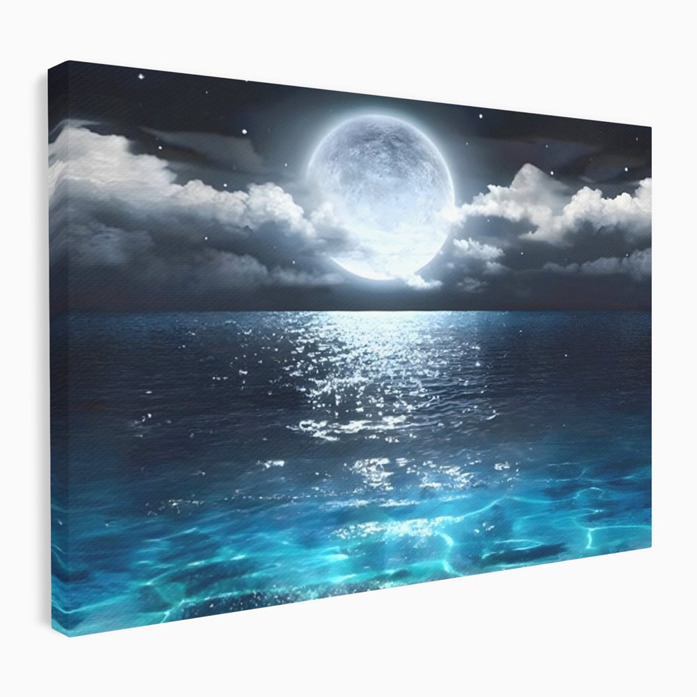 Tablou canvas cu tablou canvas cu luna plina deasupra marii, fara rama, pe sasiu de lemn