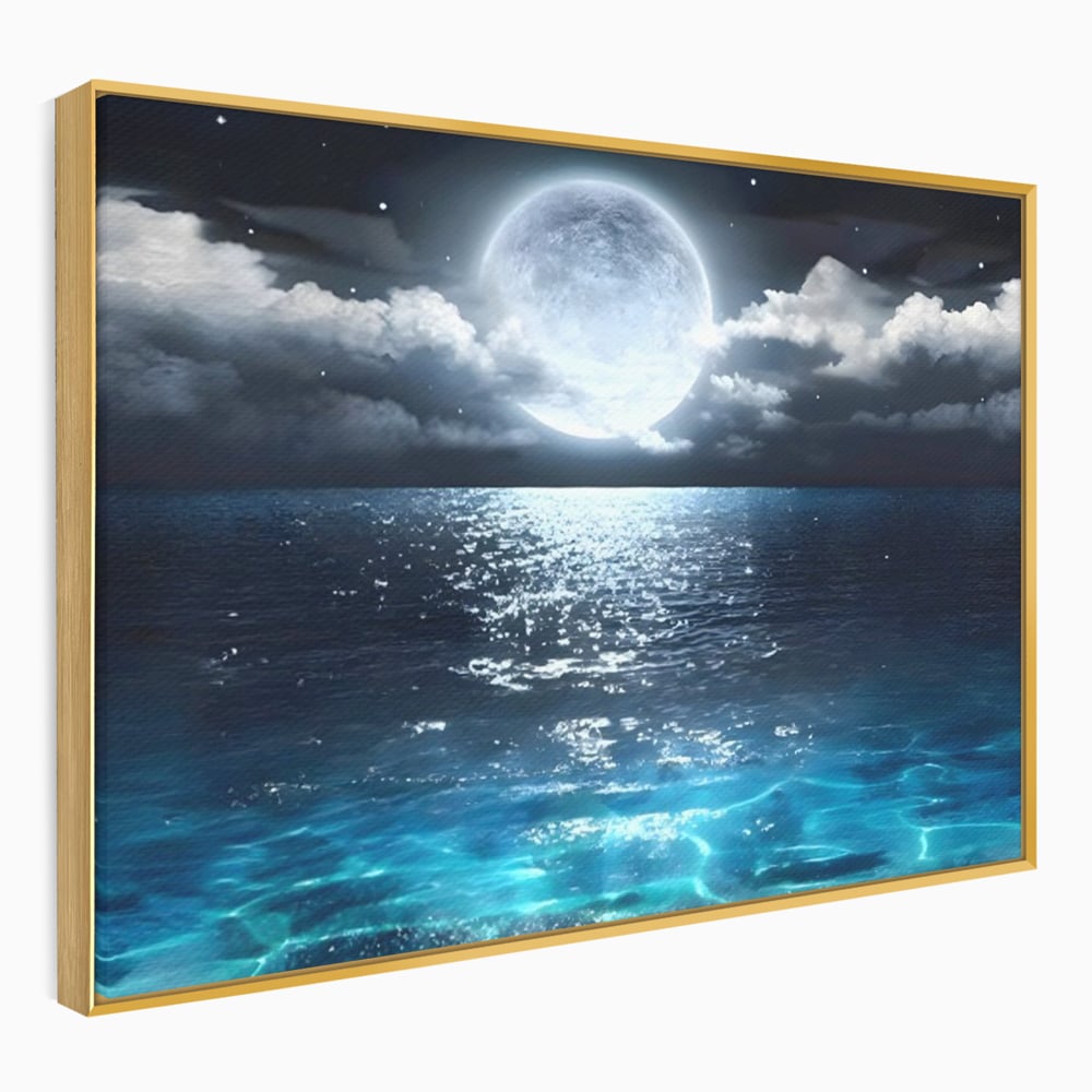 Tablou canvas cu tablou canvas cu luna plina deasupra marii, in rama de aluminiu auriu