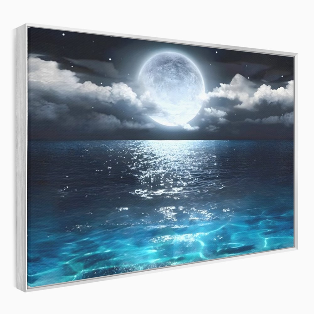 Tablou canvas cu tablou canvas cu luna plina deasupra marii, in rama de aluminiu argintiu