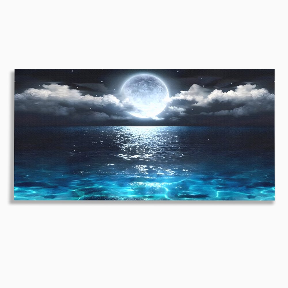 Tablou canvas cu tablou canvas cu luna plina deasupra marii, fara rama, pe sasiu de lemn