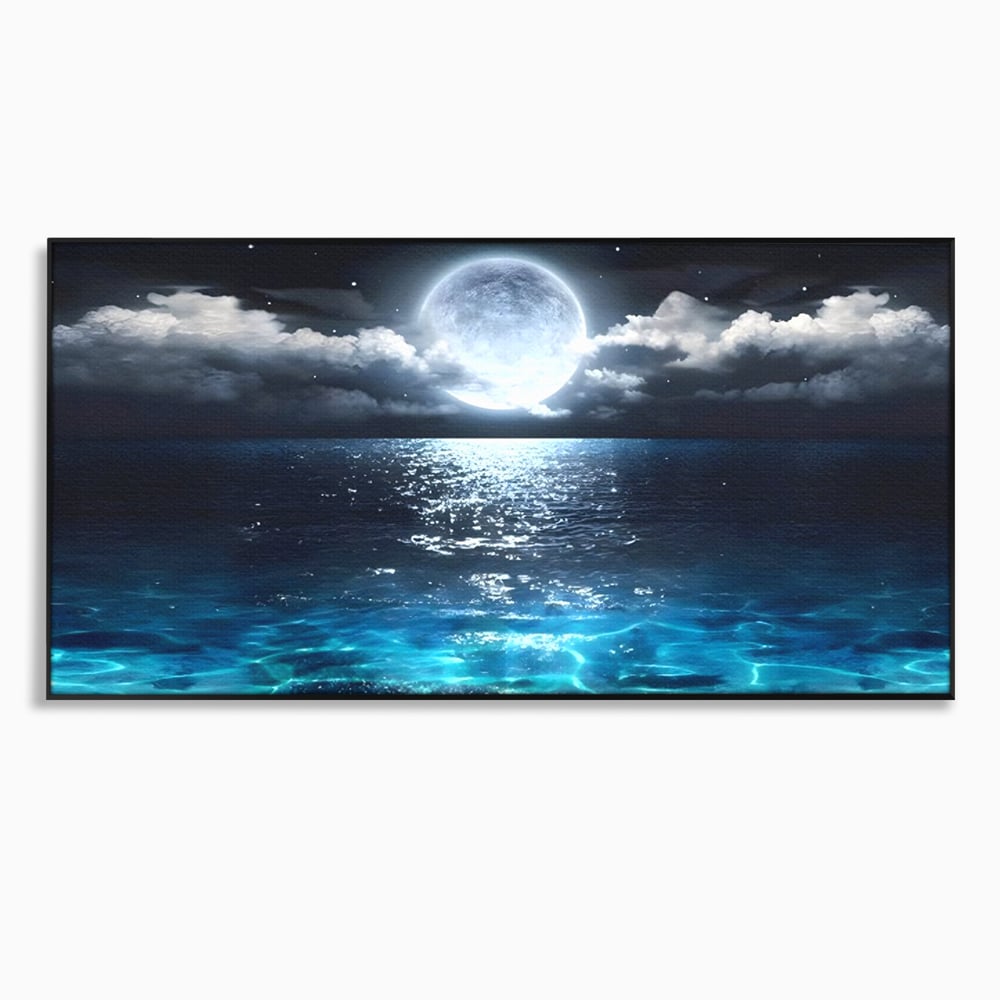 Tablou canvas cu tablou canvas cu luna plina deasupra marii, in rama de aluminiu negru