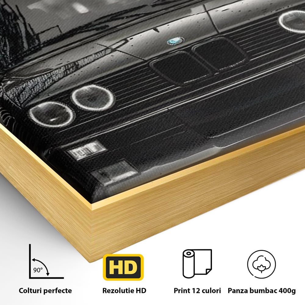 Detaliu al suprafetei: tablou canvas cu masina bmw clasica, in rama de aluminiu auriu