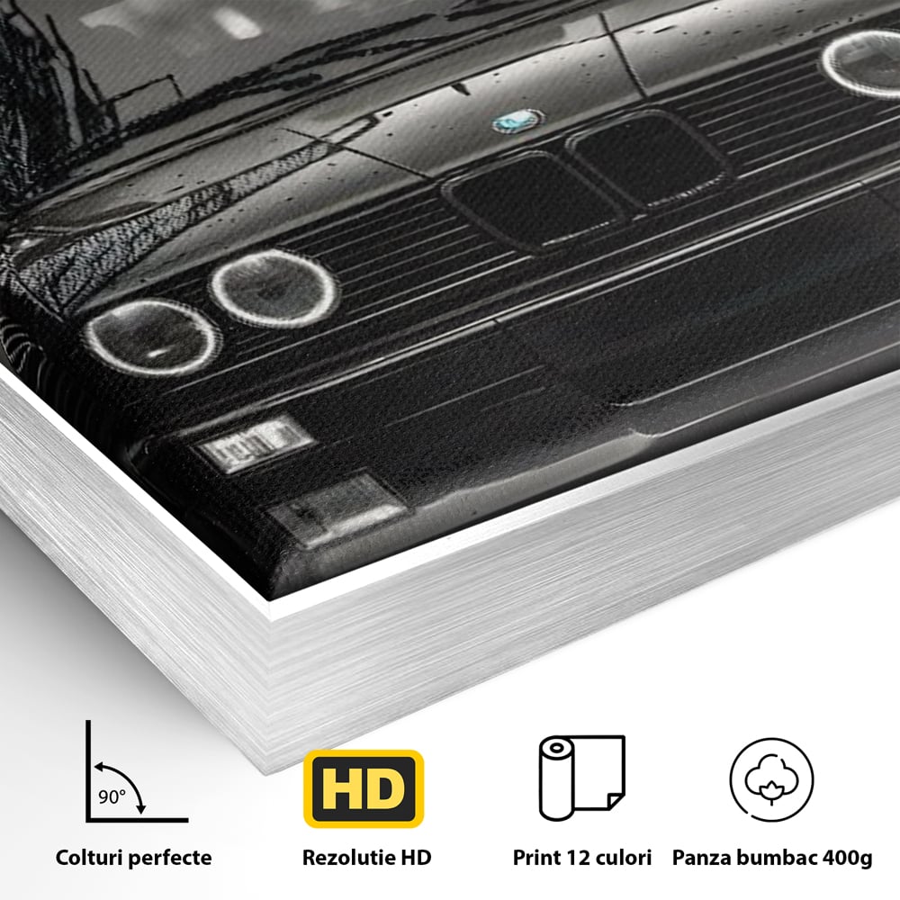 Detaliu al suprafetei: tablou canvas cu masina bmw clasica, in rama de aluminiu argintiu
