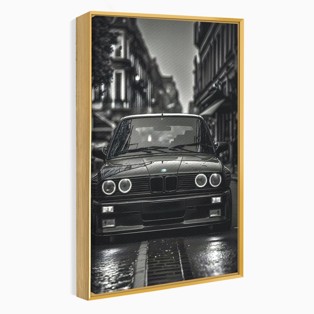 Tablou canvas cu tablou canvas cu masina bmw clasica, in rama de aluminiu auriu