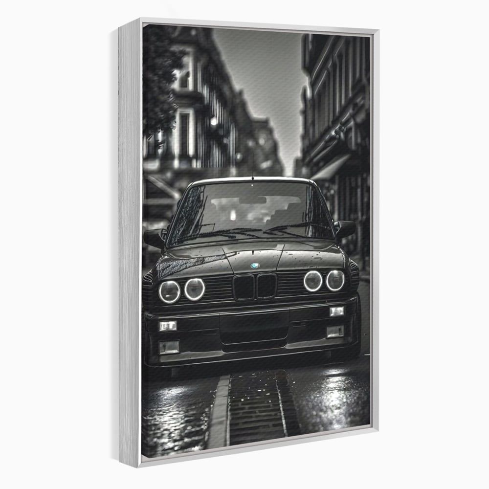 Tablou canvas cu tablou canvas cu masina bmw clasica, in rama de aluminiu argintiu