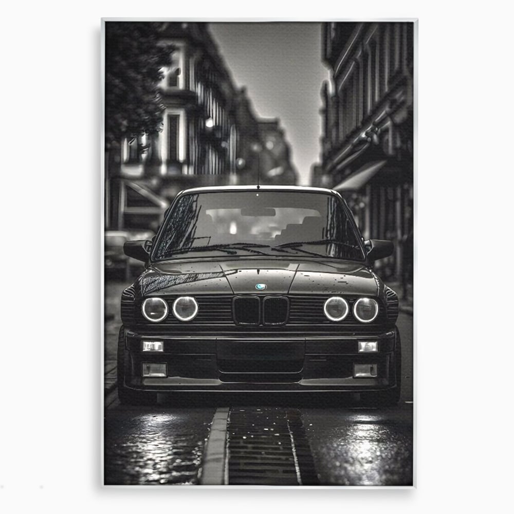 Tablou canvas cu tablou canvas cu masina bmw clasica, in rama de aluminiu argintiu