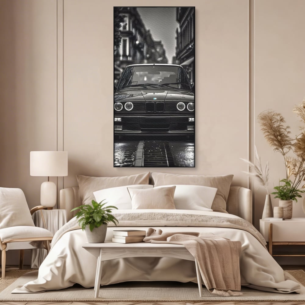 Tablou canvas cu tablou canvas cu masina bmw clasica, in rama de aluminiu negru, pe perete intr-un dormitor