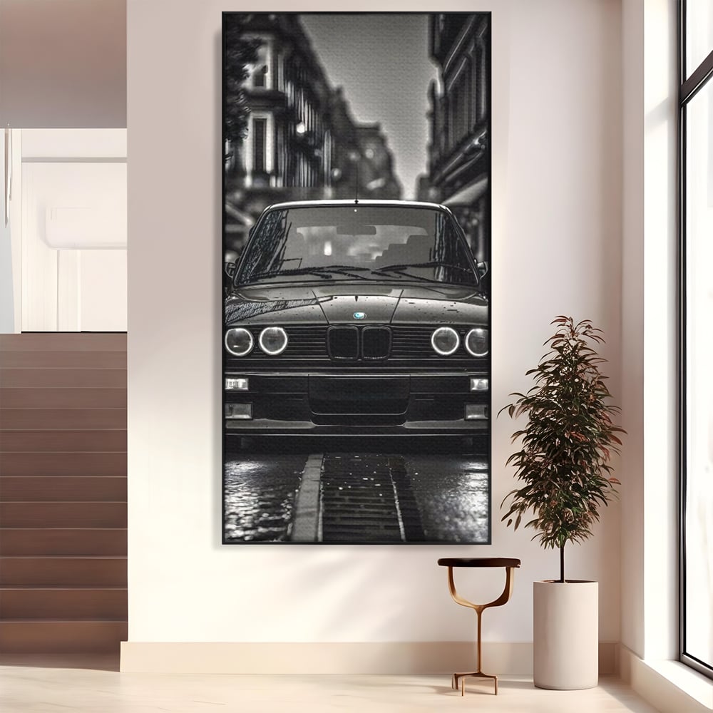 Tablou canvas cu tablou canvas cu masina bmw clasica, in rama de aluminiu negru