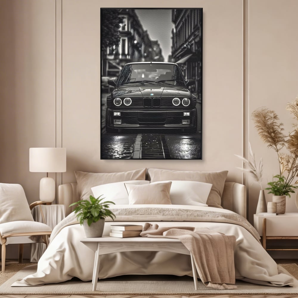Tablou canvas cu tablou canvas cu masina bmw clasica, in rama de aluminiu negru, pe perete intr-un dormitor