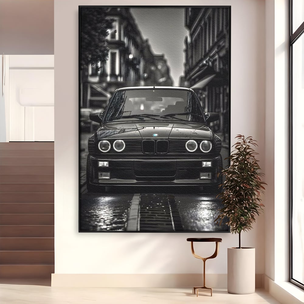 Tablou canvas cu tablou canvas cu masina bmw clasica, in rama de aluminiu negru