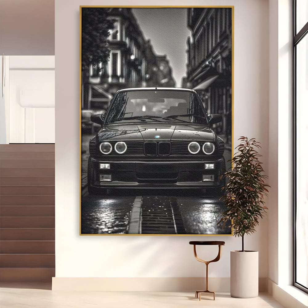 Tablou canvas cu tablou canvas cu masina bmw clasica, in rama de aluminiu auriu
