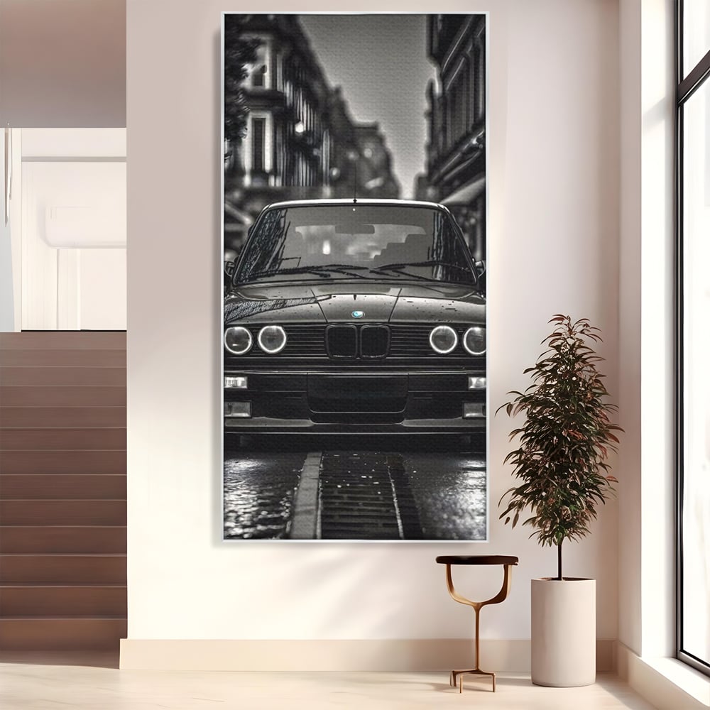 Tablou canvas cu tablou canvas cu masina bmw clasica, in rama de aluminiu argintiu