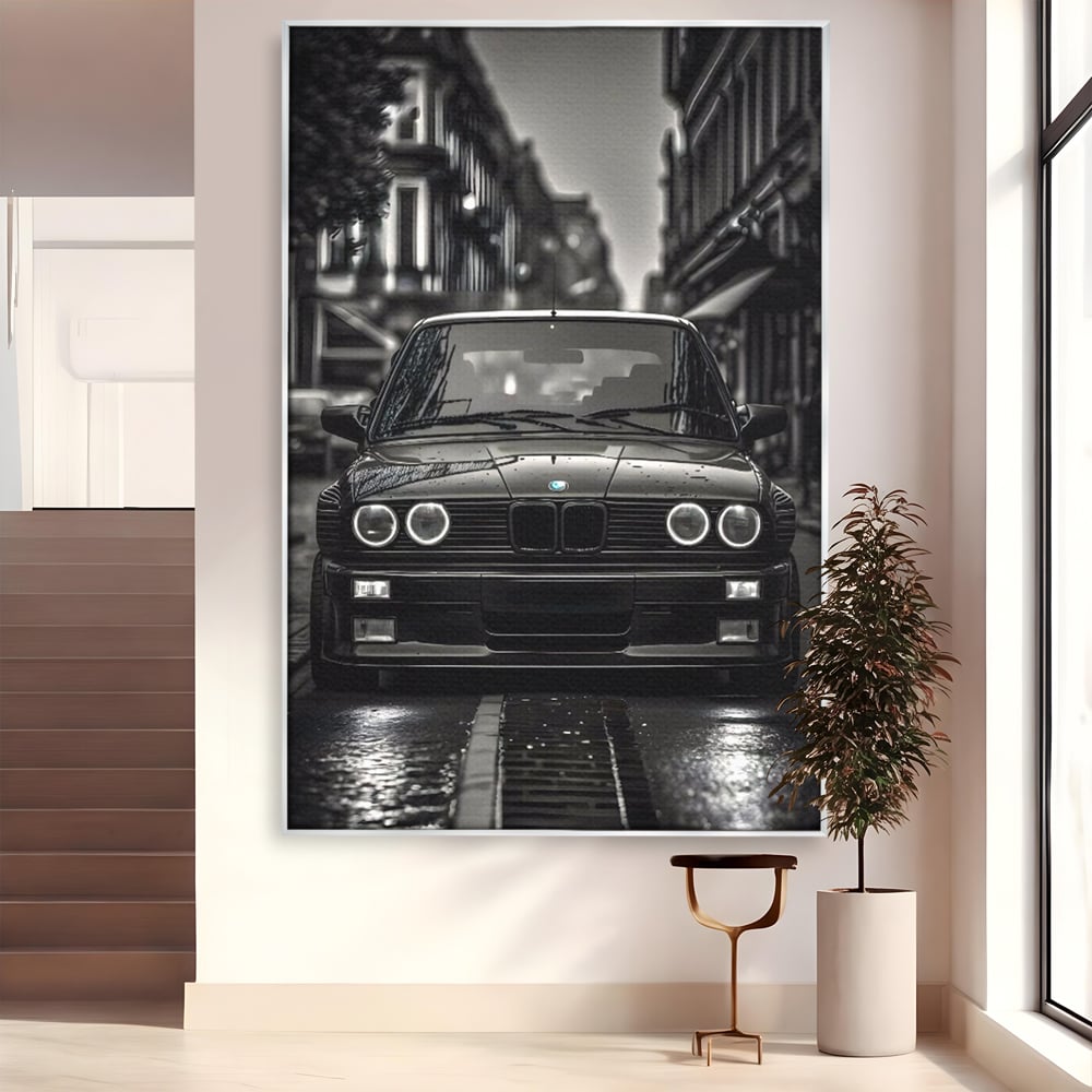 Tablou canvas cu tablou canvas cu masina bmw clasica, in rama de aluminiu argintiu