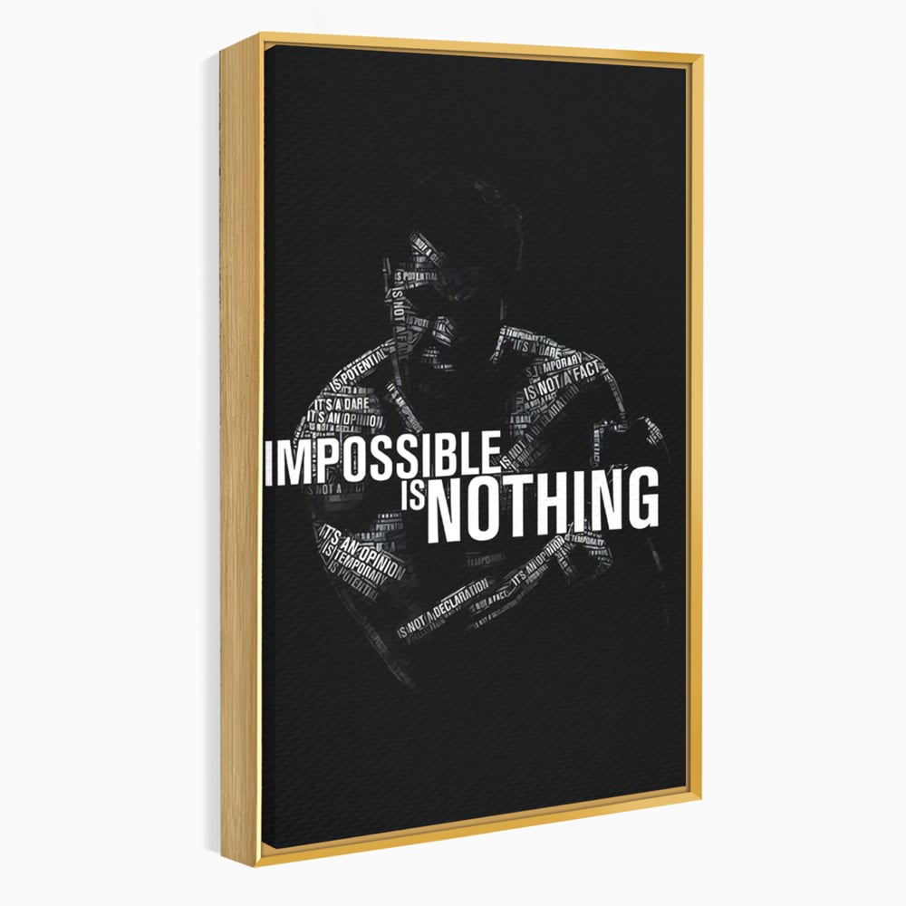 Tablou canvas cu tablou canvas cu silueta masculina si text motivational, in rama de aluminiu auriu