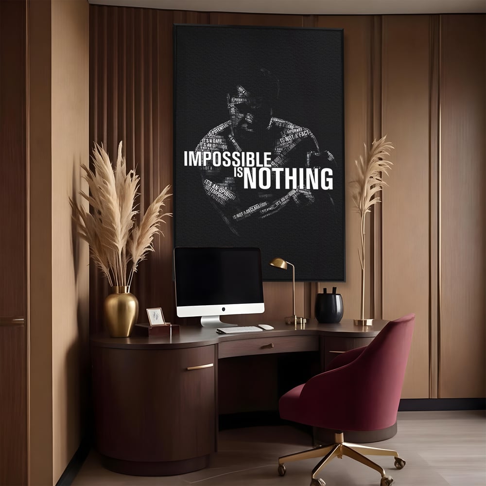 Tablou canvas cu tablou canvas cu silueta masculina si text motivational, in rama de aluminiu negru, pe perete intr-un birou