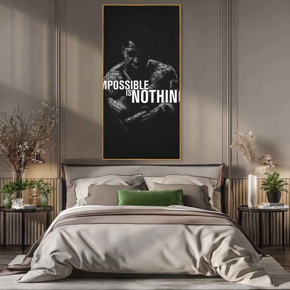 Tablou canvas cu tablou canvas cu silueta masculina si text motivational, in rama de aluminiu auriu, pe perete intr-un dormitor