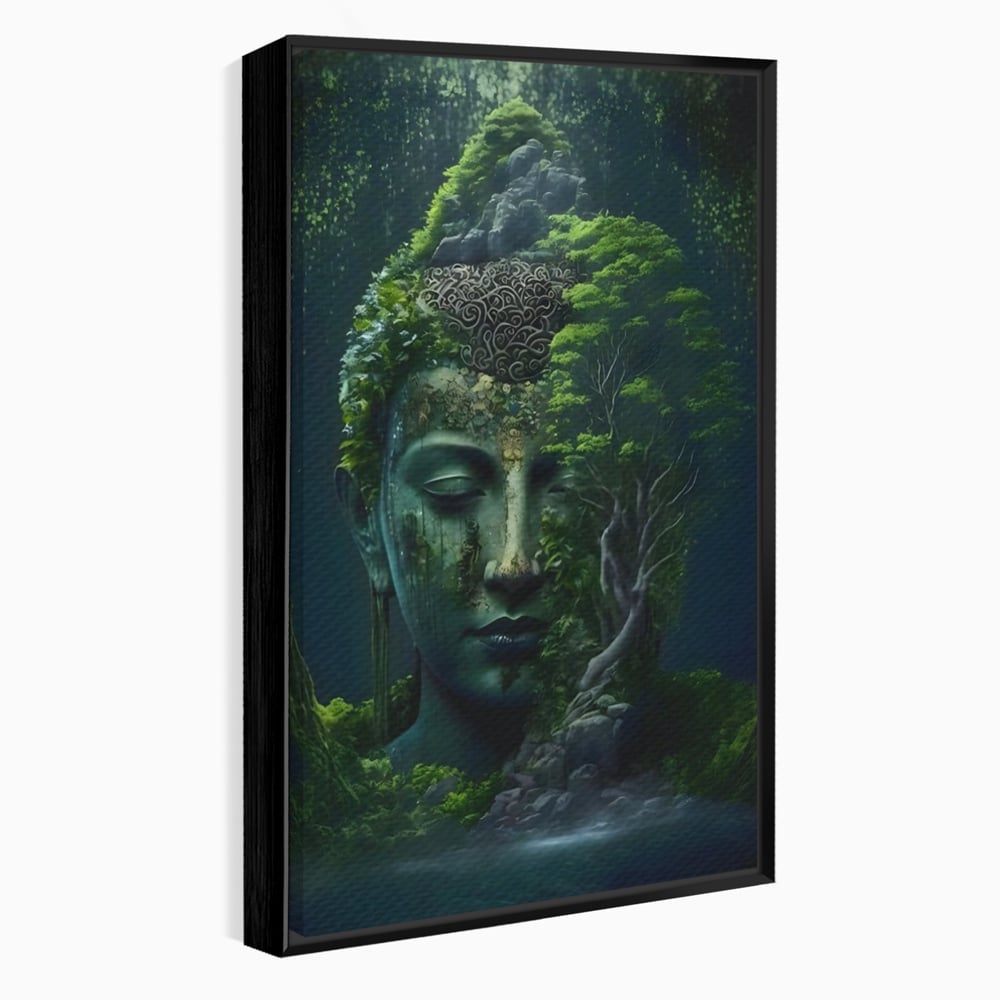Tablou canvas cu tablou canvas cu cap de buddha imbracat in vegetatie, in rama de aluminiu negru