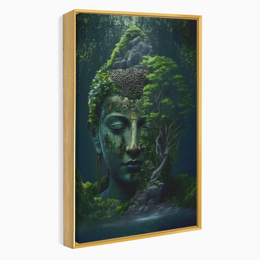 Tablou canvas cu tablou canvas cu cap de buddha imbracat in vegetatie, in rama de aluminiu auriu