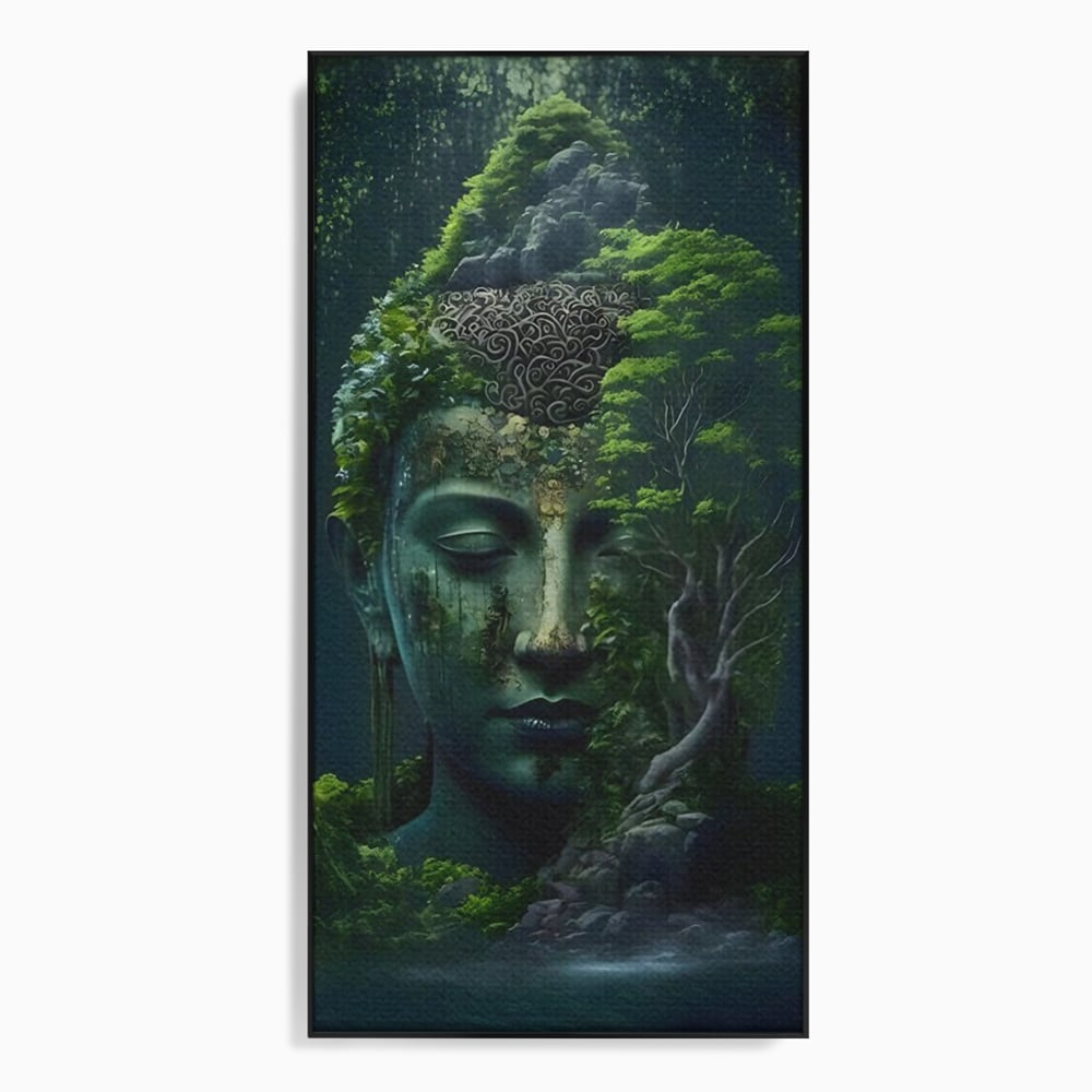 Tablou canvas cu tablou canvas cu cap de buddha imbracat in vegetatie, in rama de aluminiu negru