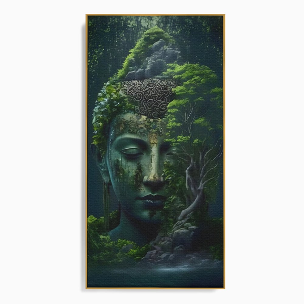 Tablou canvas cu tablou canvas cu cap de buddha imbracat in vegetatie, in rama de aluminiu auriu