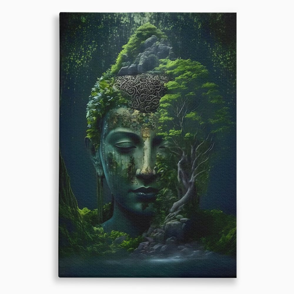 Tablou canvas cu tablou canvas cu cap de buddha imbracat in vegetatie, fara rama, pe sasiu de lemn