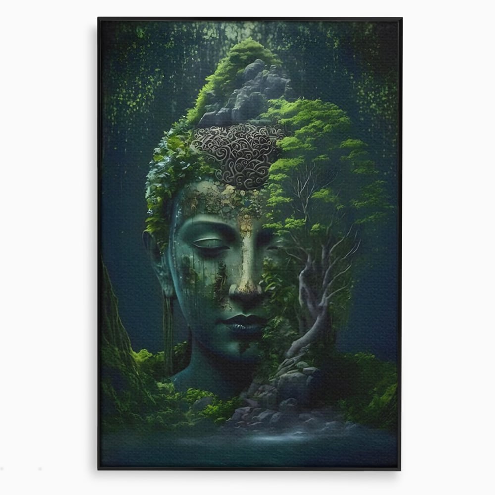 Tablou canvas cu tablou canvas cu cap de buddha imbracat in vegetatie, in rama de aluminiu negru