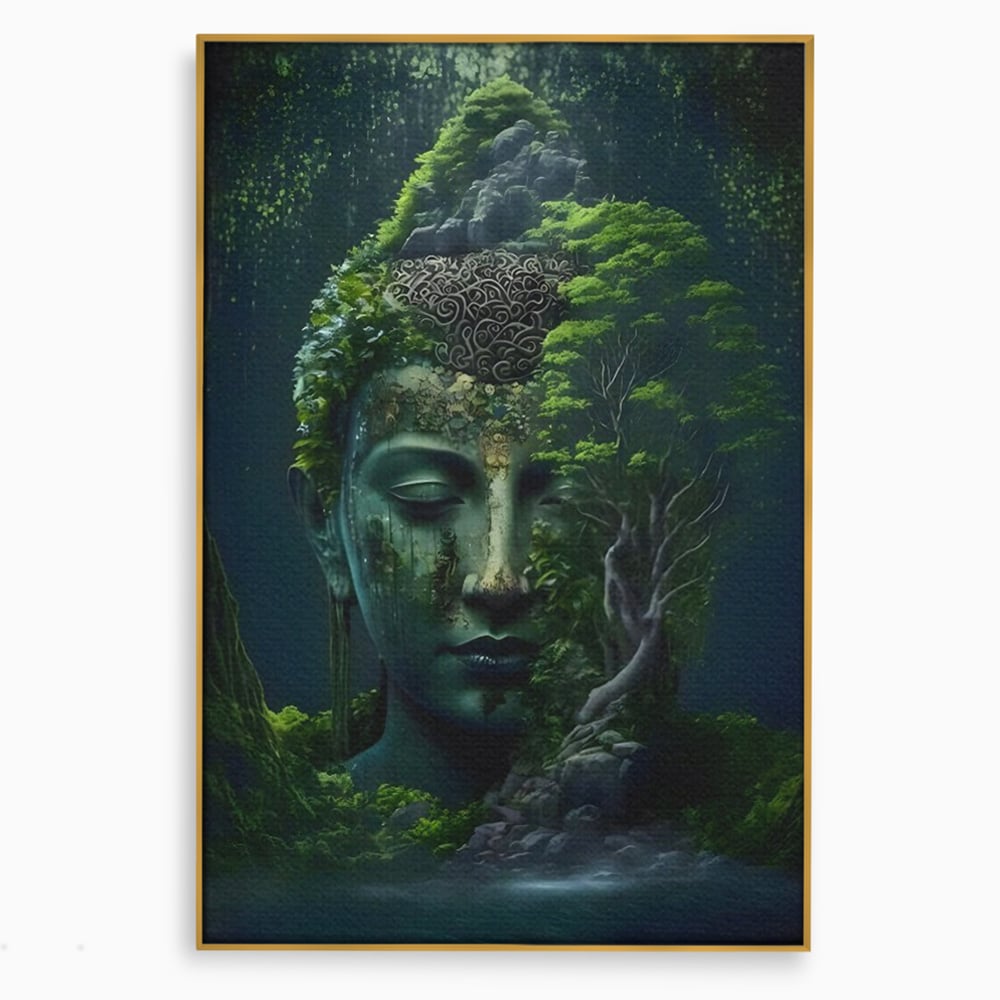 Tablou canvas cu tablou canvas cu cap de buddha imbracat in vegetatie, in rama de aluminiu auriu