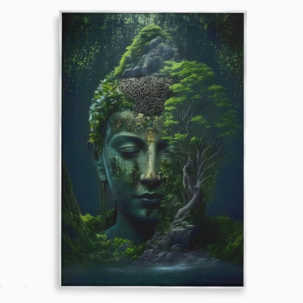 Tablou canvas cu tablou canvas cu cap de buddha imbracat in vegetatie, in rama de aluminiu argintiu